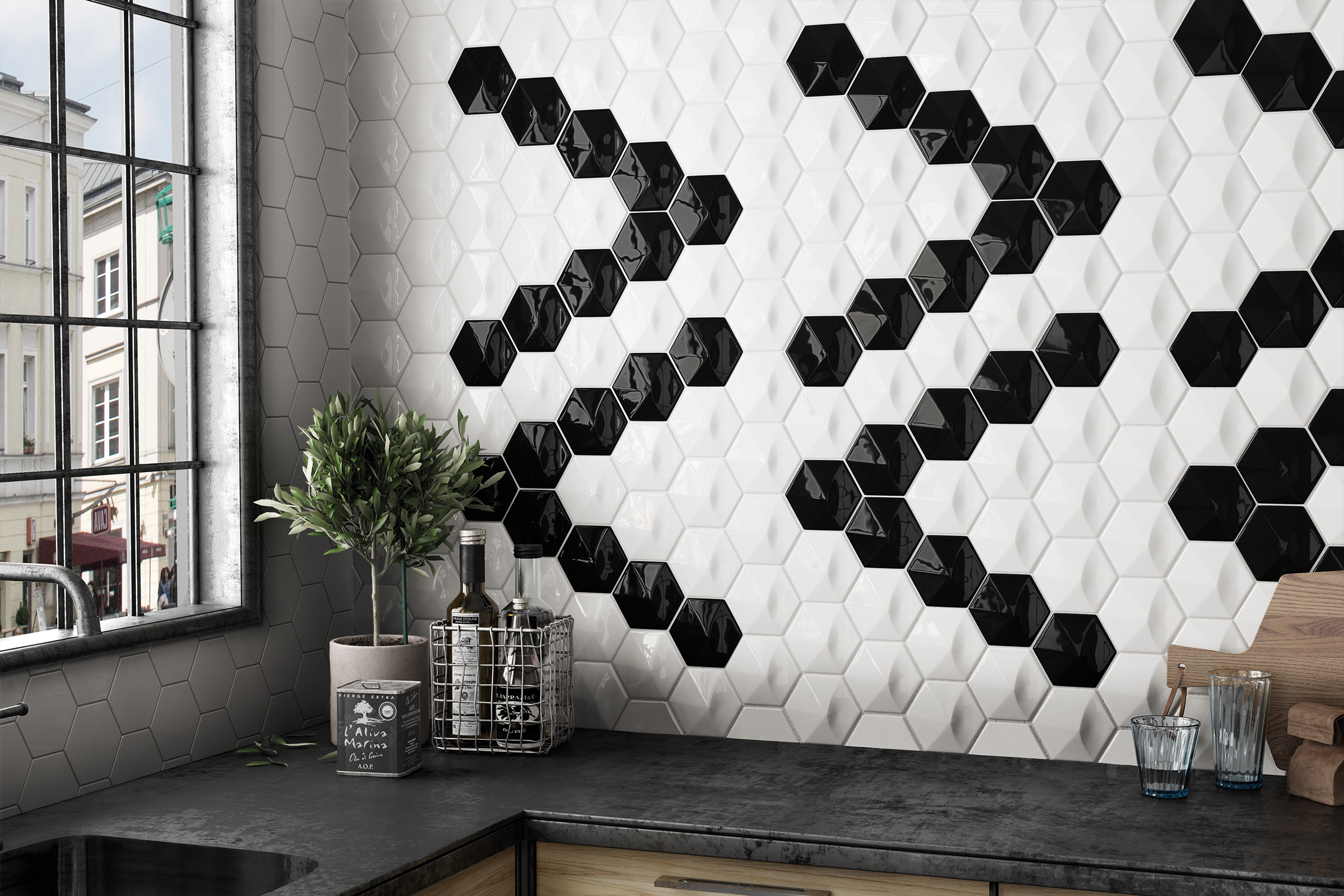Hedron 4" x 5" Glossy Ceramic 3D Wall Tile in Bright White Pearl