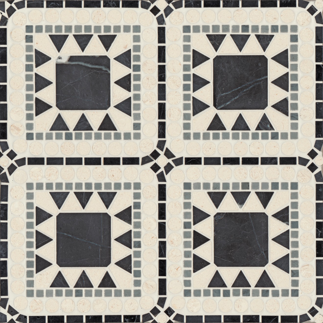 Atrium Honed Marble Blend Mosaic Tile in Nero Marquina, Bardiglio & Myra Beige