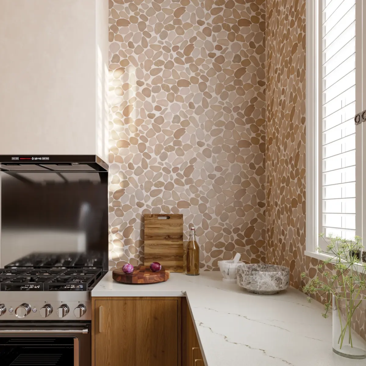 Waterbrook Medium Sliced Pebble Mosaic in White Carrara - Image 3