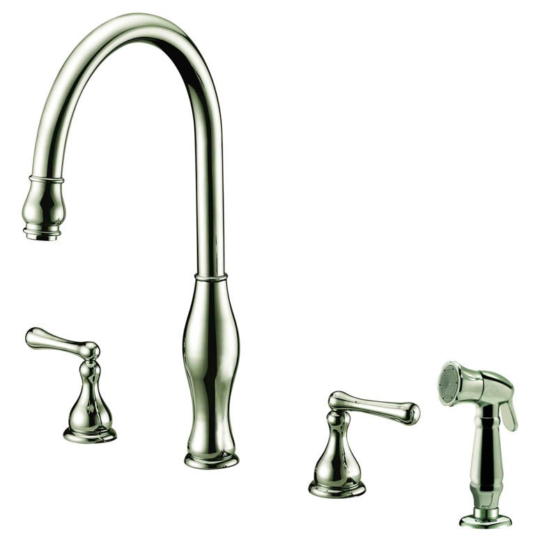 Dawn® 3-Hole, 2-handle widespread kitchen faucet with side spray, Brushed Nickel