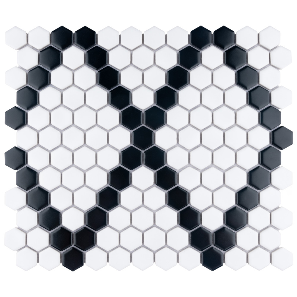 Metro Hex M Wht w/ M Blk Diamond 10-1/4 in. x 11-7/8 in. Porcelain Mosaic Tile