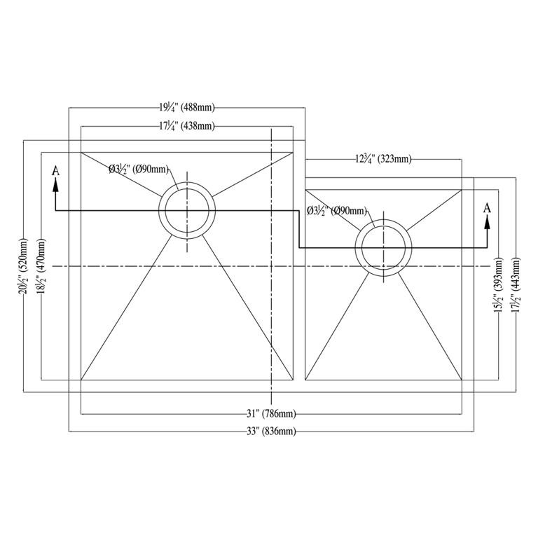 Dawn® Undermount Double Bowl Square Sink (Small Bowl on Right)