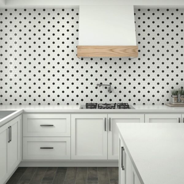 1" x 5" Color Wheel Mosaic Arctic White/Black Matte Mosaic Tile Rectangle Hexagon Matte - Image 3
