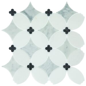 14.02" x 14.02" Lavaliere Carrara/Thassos/Blk Ant Mirror Mosaic Natural Stone Tile Square Petal Polished