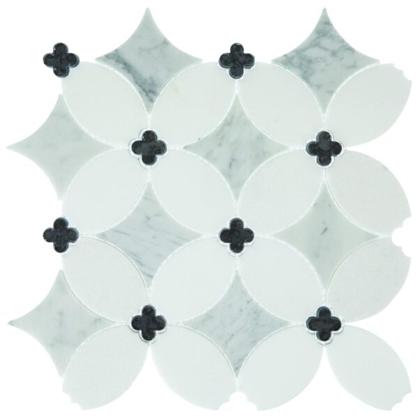 14.02" x 14.02" Lavaliere Carrara/Thassos/Blk Ant Mirror Mosaic Natural Stone Tile Square Petal Polished