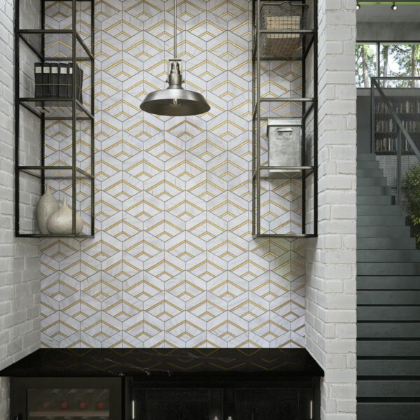 12.52" x 14.57" Lavaliere Alluring White/Brass Mosaic Natural Stone Tile Rectangle Intermix Honed - Image 4