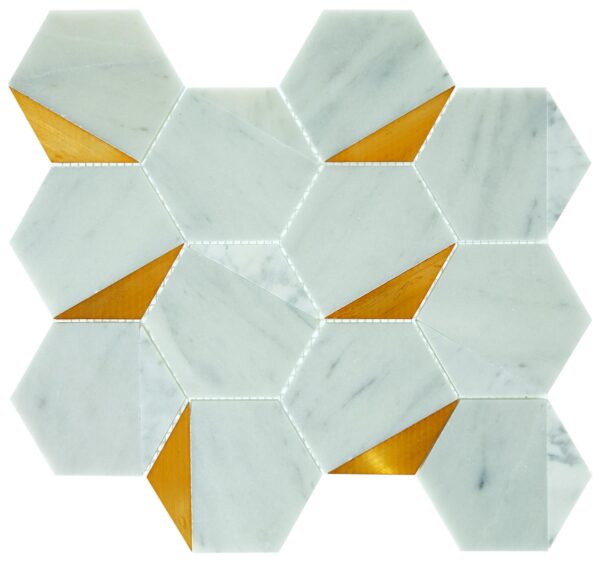14.17" x 15.16" Lavaliere Alluring White/Brass Mosaic Natural Stone Tile Rectangle Illusionary Honed - Image 5