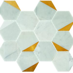 14.17" x 15.16" Lavaliere Alluring White/Brass Mosaic Natural Stone Tile Rectangle Illusionary Honed