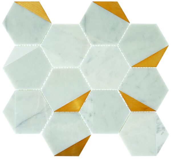 14.17" x 15.16" Lavaliere Alluring White/Brass Mosaic Natural Stone Tile Rectangle Illusionary Honed
