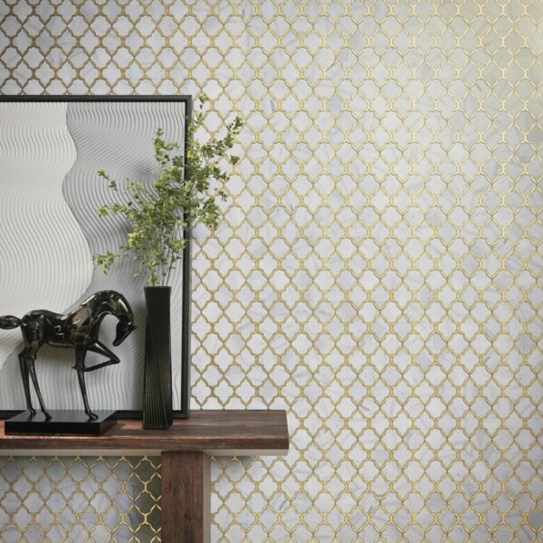 9.06" x 13.54" Lavaliere Carrara White/ Brass Mosaic Natural Stone Tile Rectangle Kapali Polished - Image 2