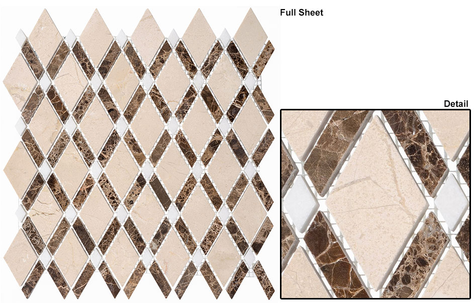 Crema marfil (big diamond)+Empr dark ( stripes)+Thassos white (dots) Diamond