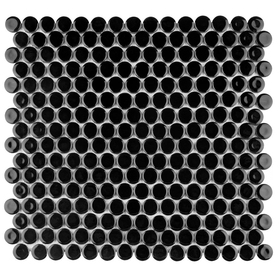 Hudson Penny Round Glossy Black 12"x12-5/8" Porcelain Mos
