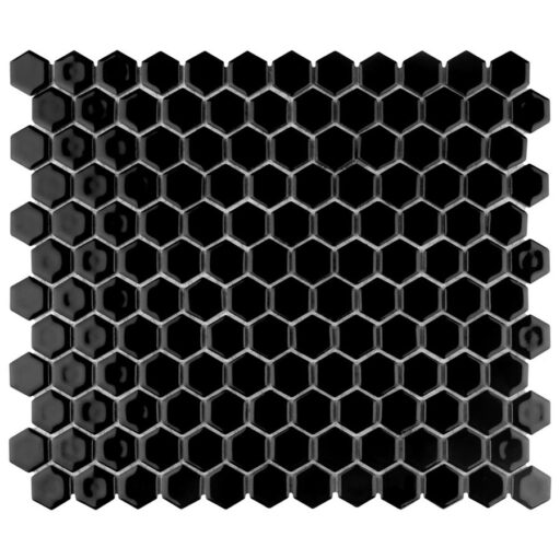 Hudson Hex 1" Glossy Black 11-7/8"x13-1/4" Porcelain Mosaic