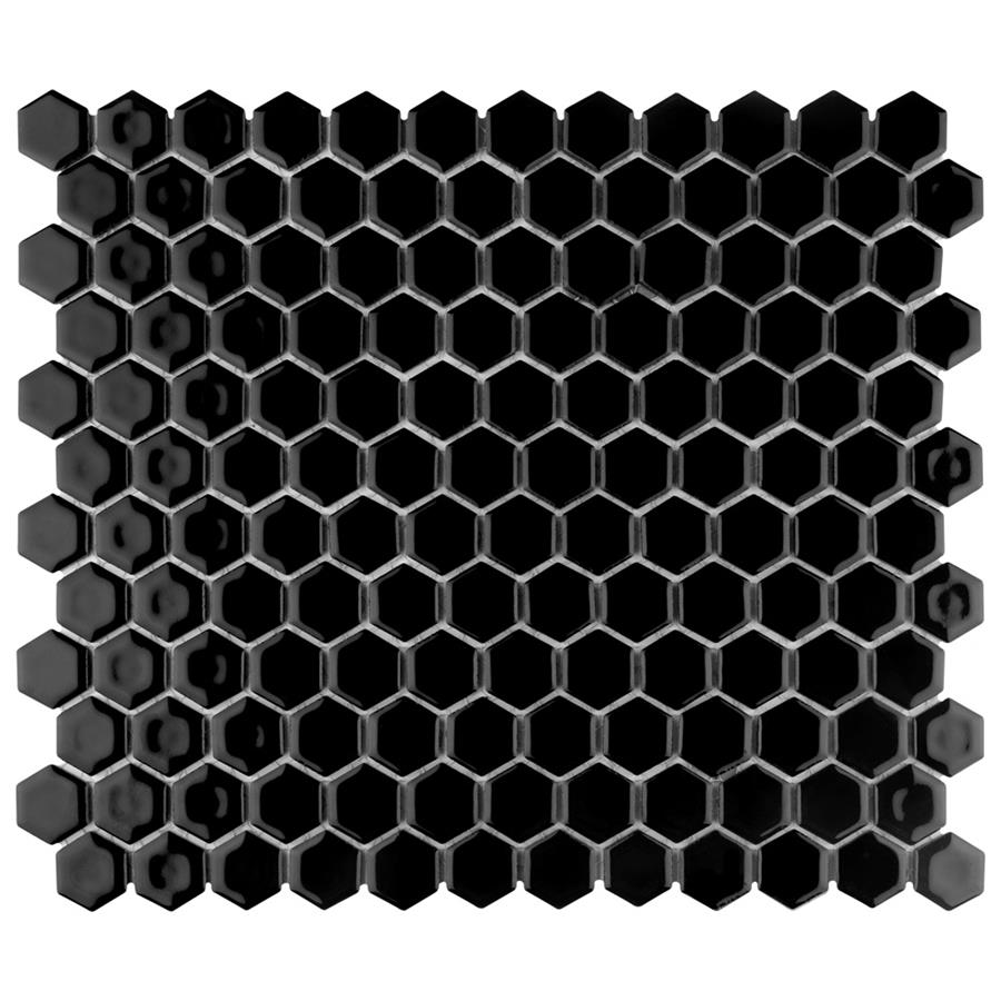Hudson Hex 1" Glossy Black 11-7/8"x13-1/4" Porcelain Mosaic