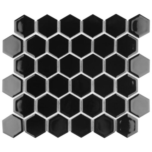 Hudson Due Hex 2" Glossy Black 11-1/4" x 12-1/2" Porc Mosaic