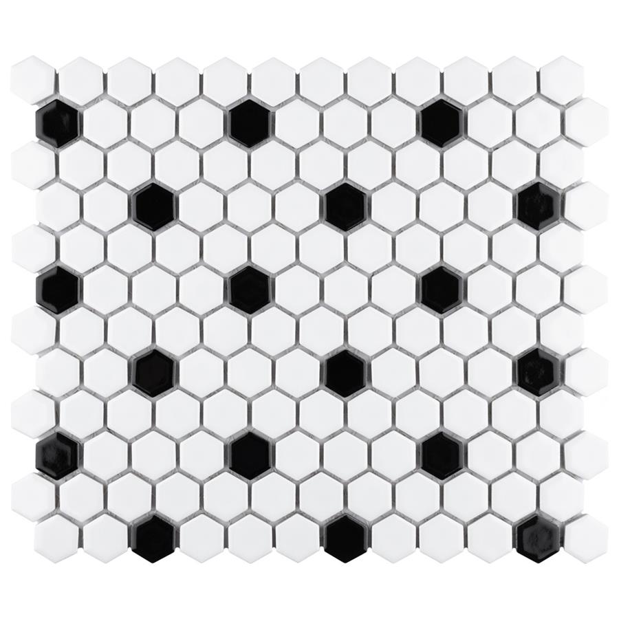 Metro Hex Glossy Wht w/BlkDot 10-1/4"x11-7/8" Porcelain Mos