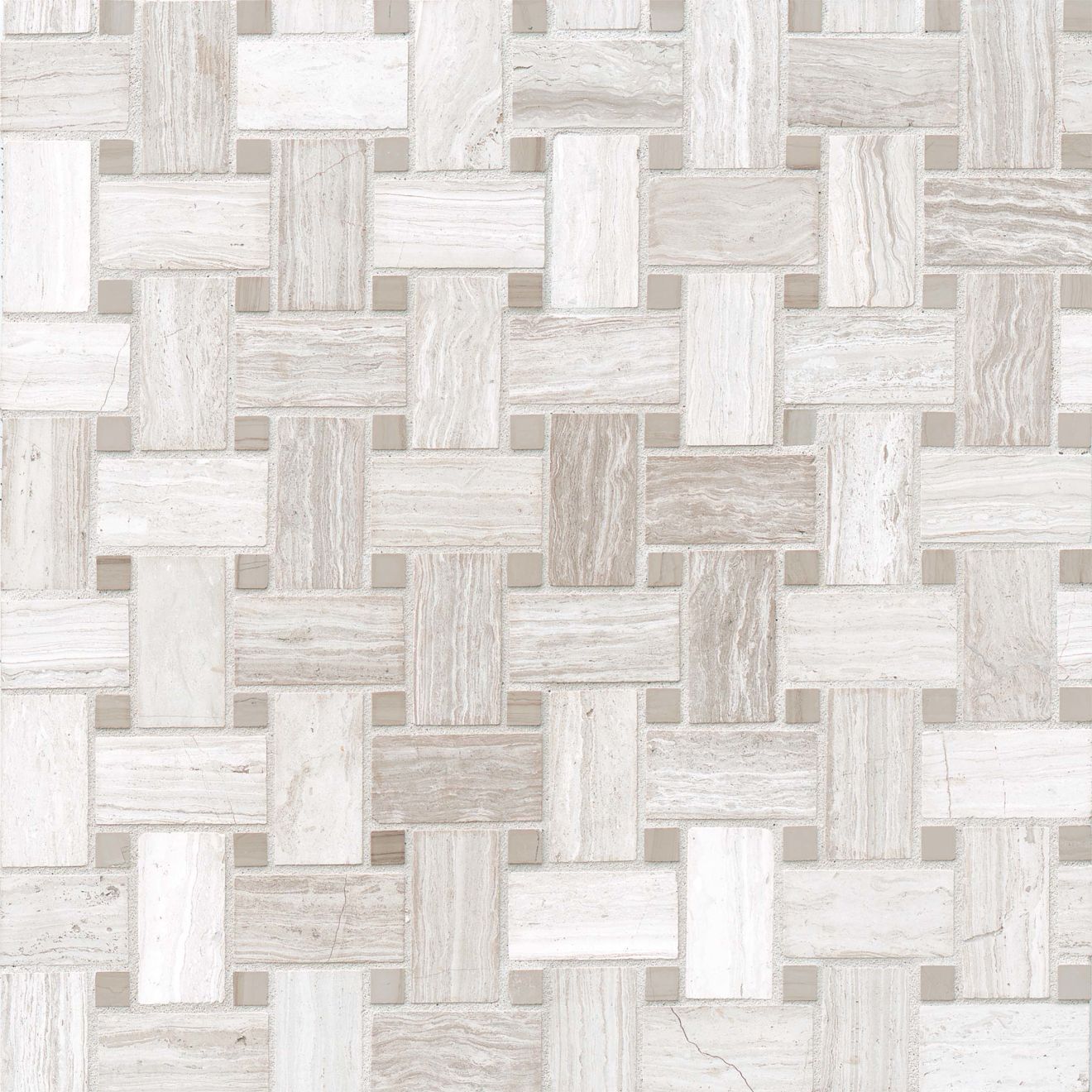 Ashen Grey Basket Weave Honed Marble Mosaic w/ Lennox Grey Dot