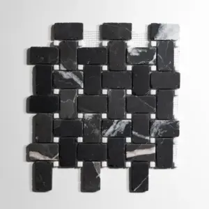 Nero St. Gabriel / Crystal White Basket Weave Mosaic Tumbled
