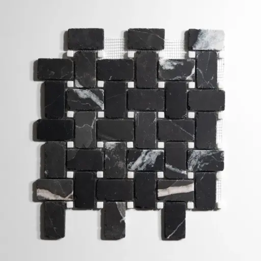 Nero St. Gabriel / Crystal White Basket Weave Mosaic Tumbled