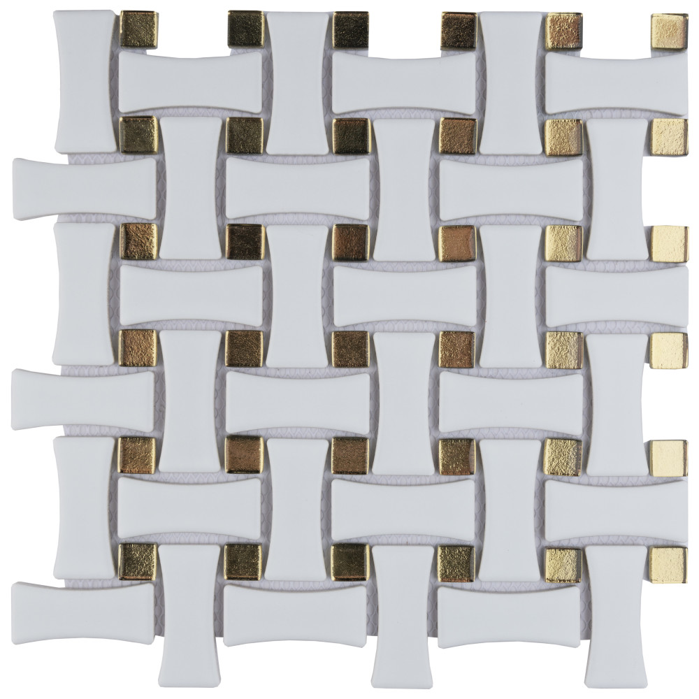 Metro Dog Bone Basketweave Matte White w/Glass Gold Dot 10 in. x 10 in. Porcelain Mosaic Tile