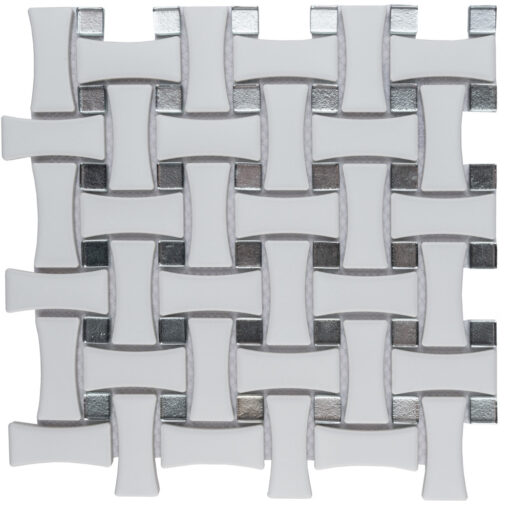 Metro Dog Bone Basketweave Matte White w/Glass Silver Dot 10 in. x 10 in. Porcelain Mosaic Tile