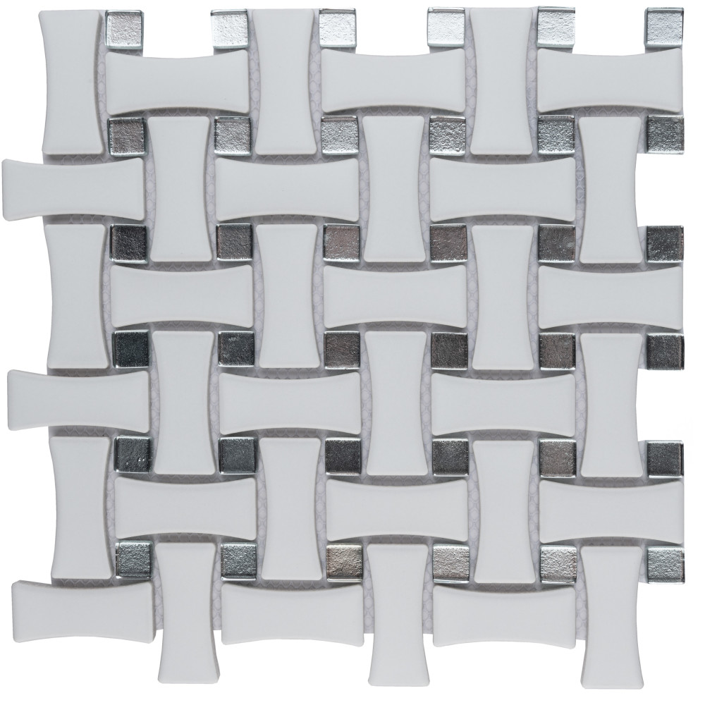 Metro Dog Bone Basketweave Matte White w/Glass Silver Dot 10 in. x 10 in. Porcelain Mosaic Tile