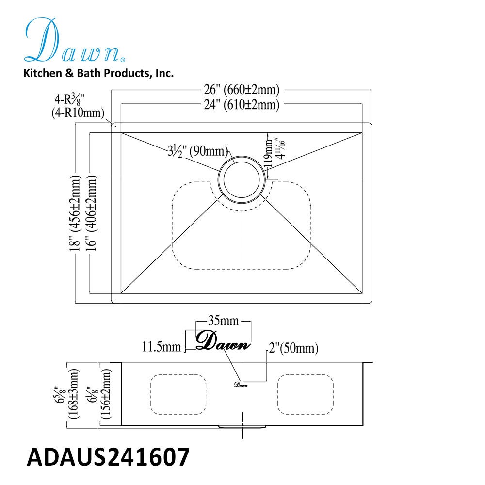 Dawn® ADA Undermount Square Single Bowl Sink
