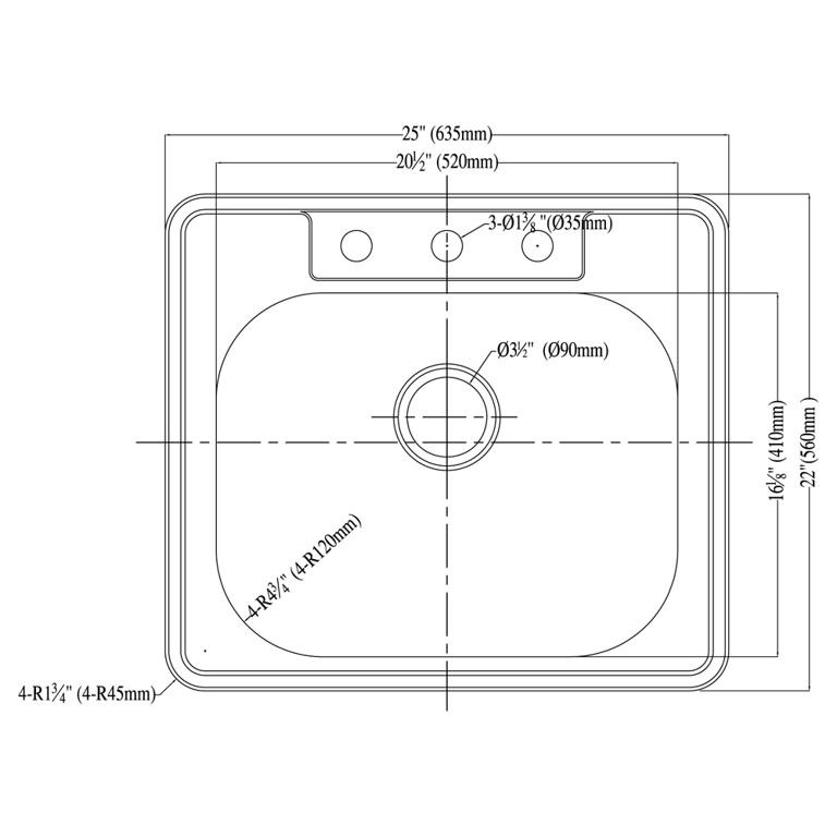 Dawn® Top Mount Single Bowl Sink with Three Pre-cut Faucet Holes