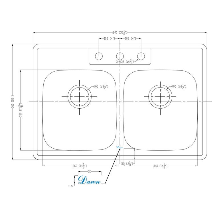 Dawn® Top Mount Equal Double Bowl Sink With Three Pre-cut Faucet Holes