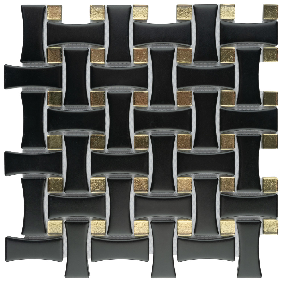 Metro Dog Bone Basketweave Matte Black w/Glass Gold Dot 10 in. x 10 in. Porcelain Mosaic Tile