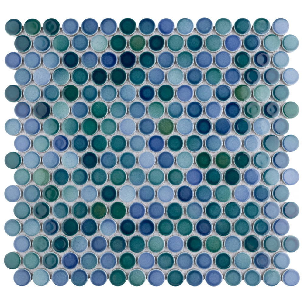 Hudson Penny Round Aquamarine 12 in. x 12-5/8 in. Porcelain Mosaic Tile