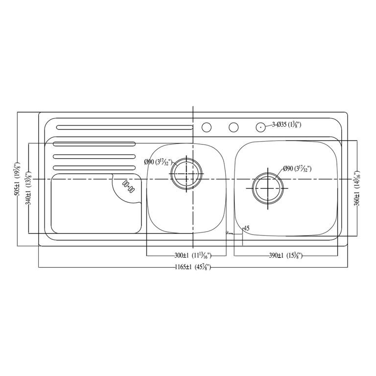 Dawn® Top Mount Double Bowl Sink with Integral Drain Board and Three Pre-cut Faucet Holes (Large Bowl on Right)