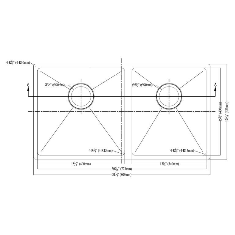 Dawn® Undermount Small Corner Radius Double Bowl Sink (Small Bowl on Right)