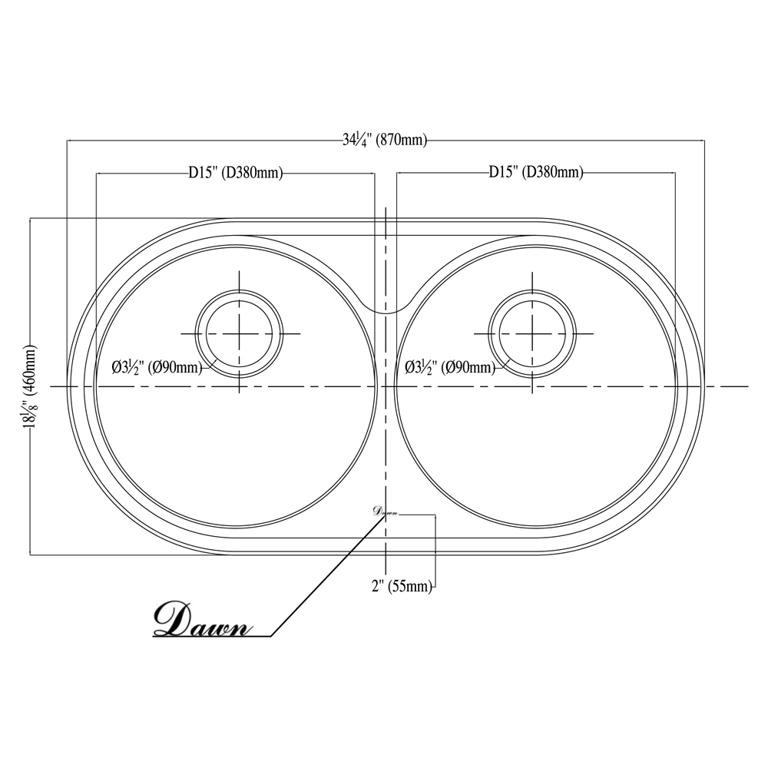 Dawn® Top Mount Round Equal Double Bowl Sink with One Pre-Cut Faucet Hole