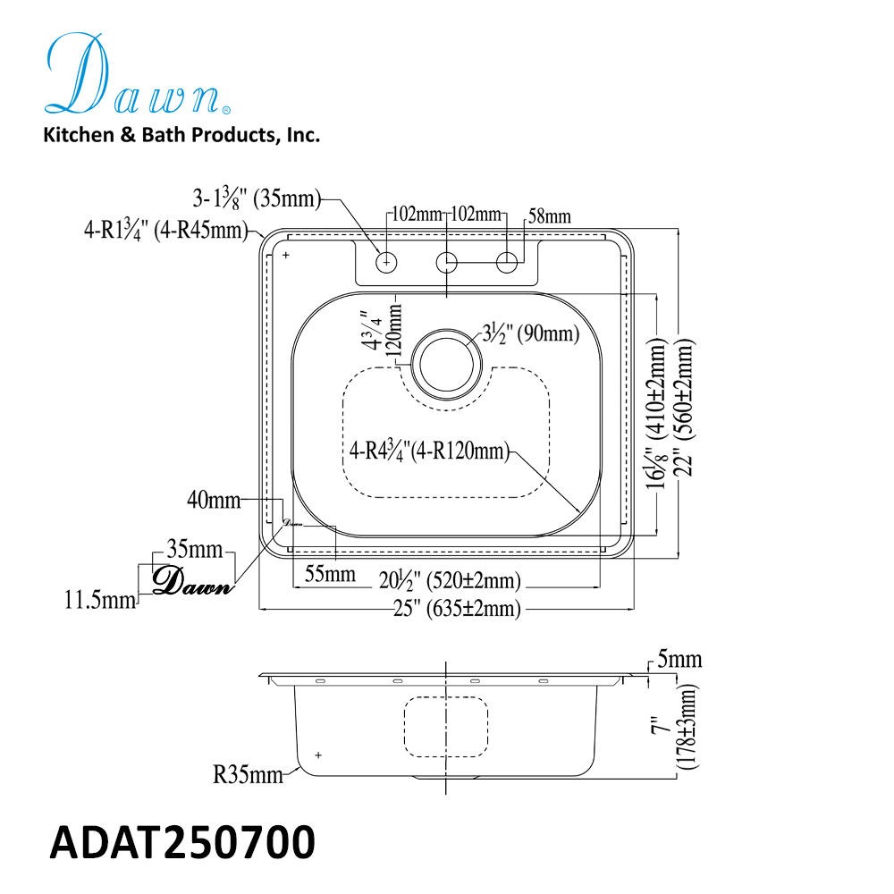 Dawn® ADA Topmount Single Bowl Sink