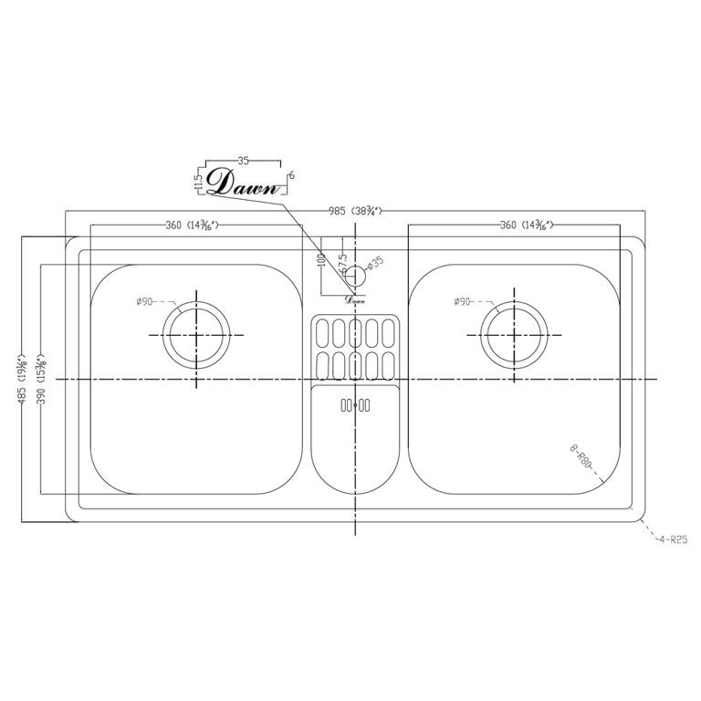 Dawn® Top Mount Equal Double Bowl Sink with Integral Drain Board and One Pre-cut Faucet Hole